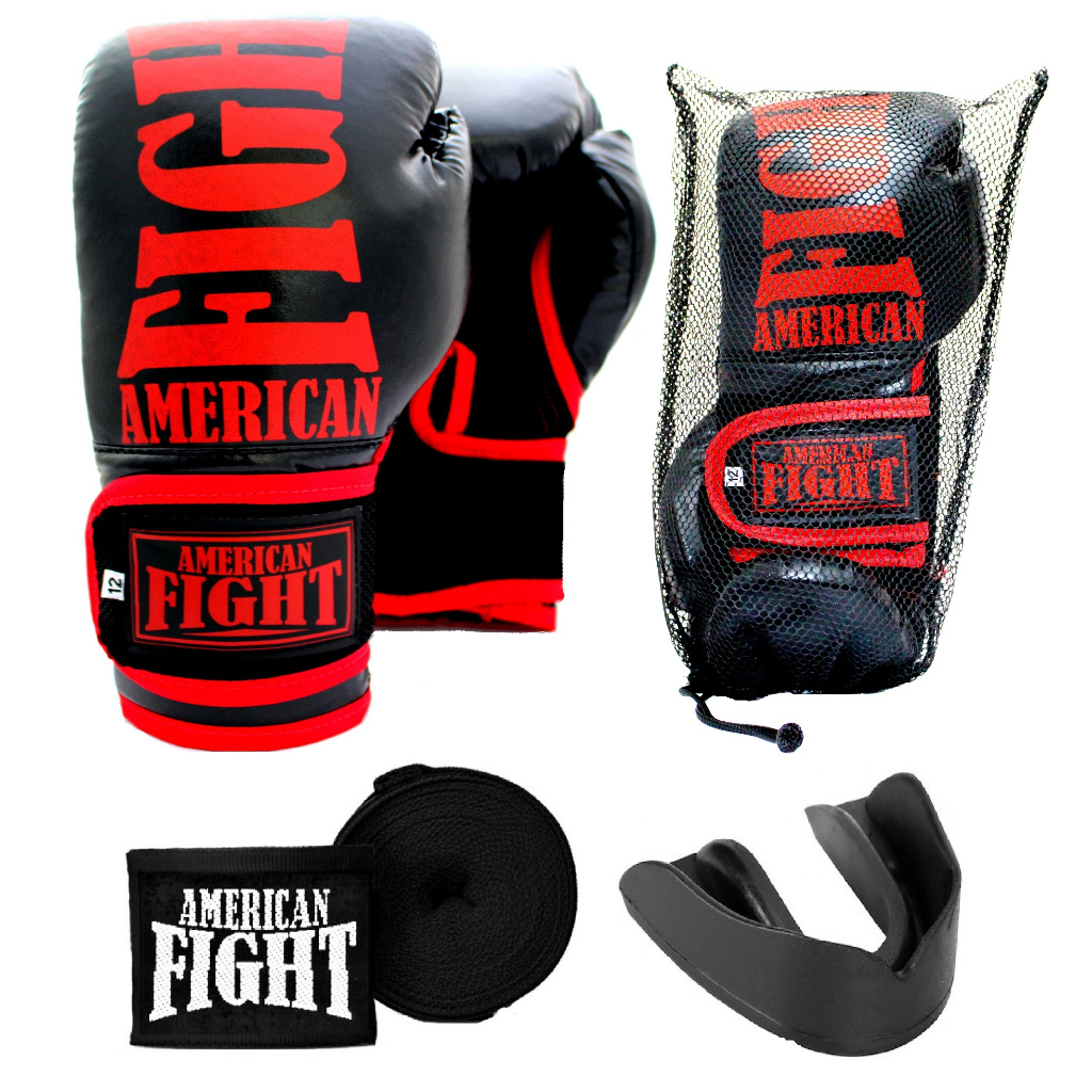 Kit Boxe Muay Thai Luva Bandagem Bucal American Fight PROMOÇÃO - Vermelho