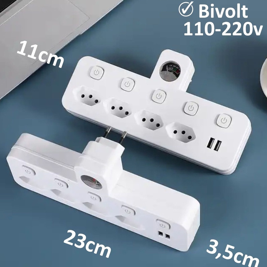 Filtro De Linha Energia Extensão 4 Tomadas 2 Usb Medidor De Voltagem