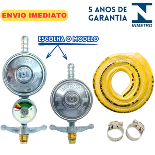 Registro Gas Regulador Com Marcador Visor Manometro 1KG/H com Mangueira e Duas Abraçadeiras Kit Completo para Botijão de Cozinha 13Kg