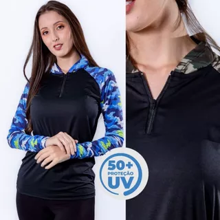 Blusa proteção UV Feminina Manga Longa Térmica Gola Alta com Ziper