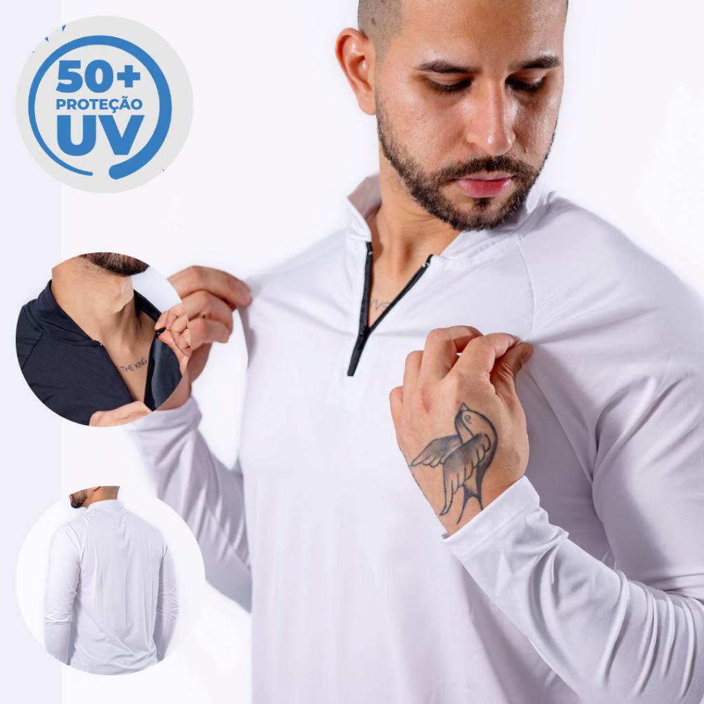 Camisa Térmica Masculina Manga Longa UV com Ziper Branca Preta Verde 50+