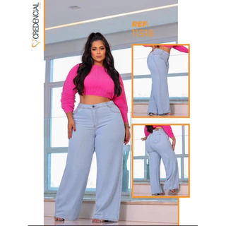 calça wide leg plus size sem elastano modinha 100% algodão moda blogueira