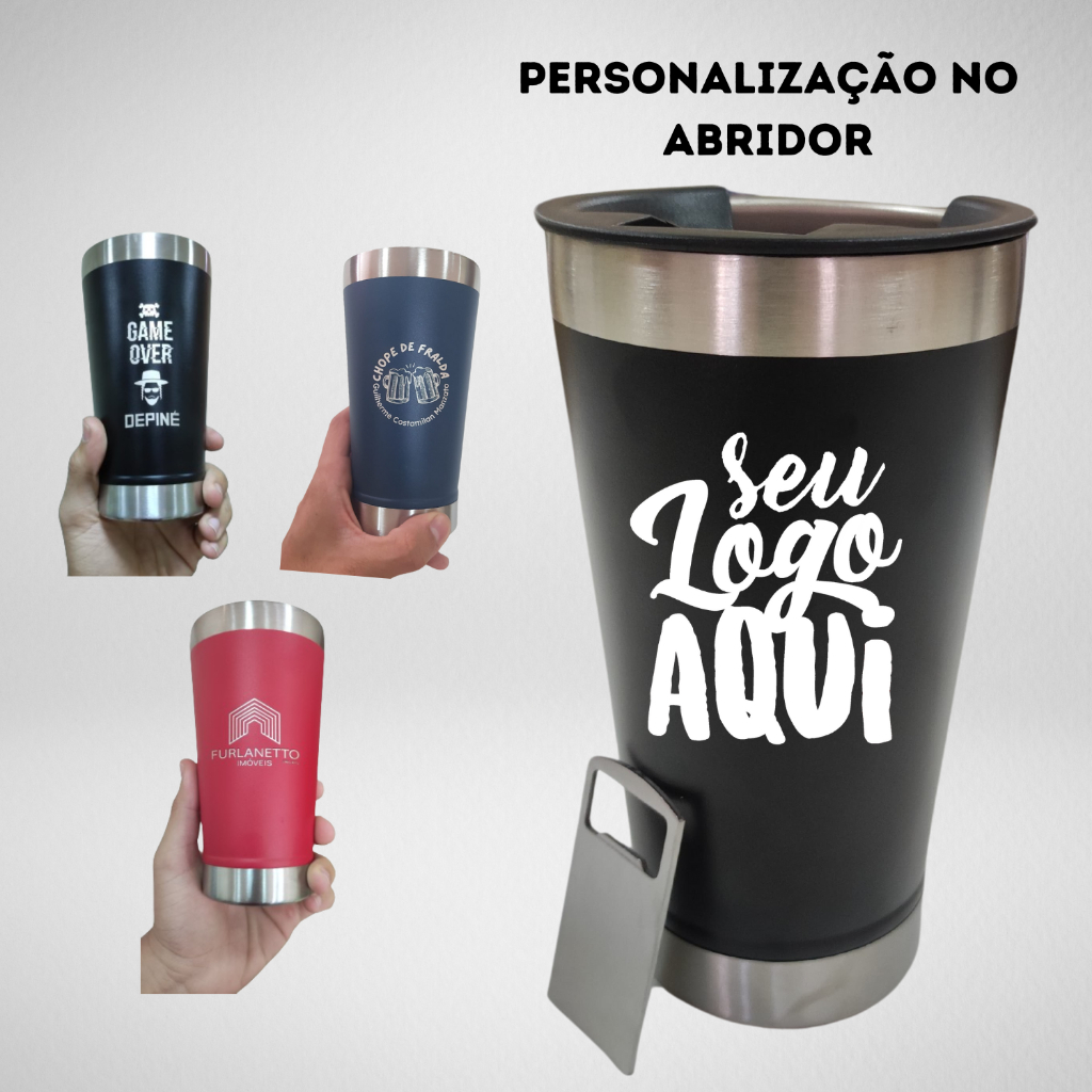Copo Termico Inox Personalizado Com Tampa e Abridor 473ML Para Cerveja Café Chá Gelado Quente Personalizado com Nome Time Futebol Logos - Promoção