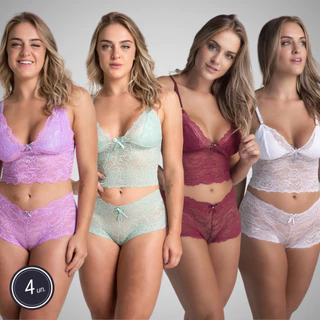 Kit 4 Lingerie Feminina Sensual Top Cropped Calcinha Shortinho Moda Íntima 303