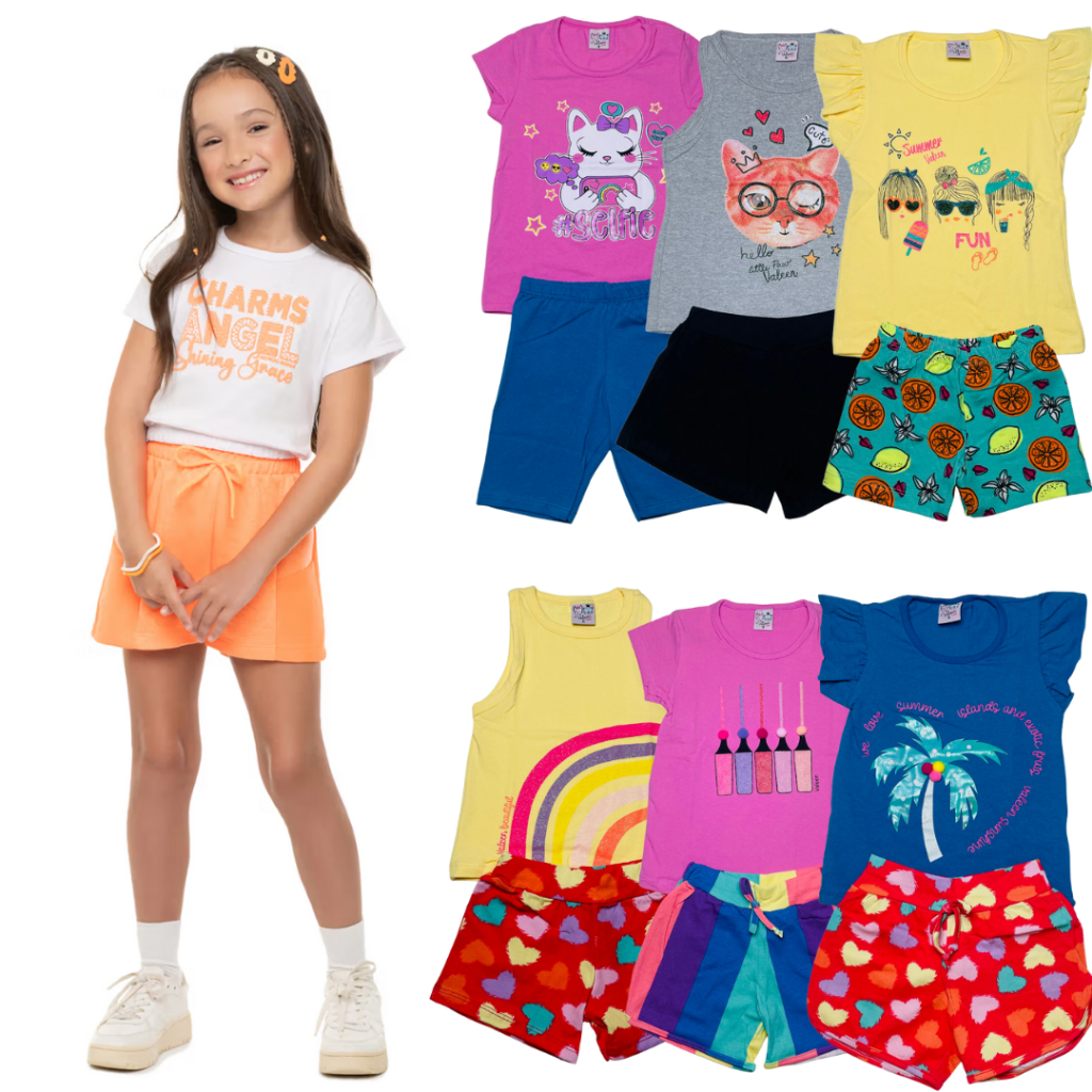Kit 8 Peças de Roupas Infantil Menina 4 Blusas+ 4 Shorts Promoção Kit ...
