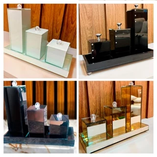 Conjunto Banheiro Lavabo Luxo Trio Organizador Vidro Artesanal Com Bandeja 3 Potes