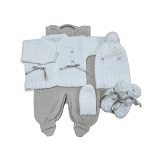 Kit Saída Maternidade Menino em Tricô Artesanal - Off White/Bege - 5 peças com sapatinho