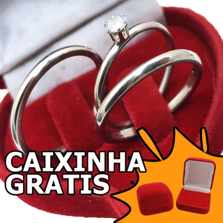 Par de Aliança Fina Com Solitário Namoro Compromisso Prata Aço Inoxidavel 4mm Com Caixinha