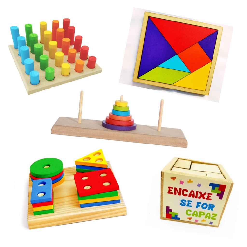 KIT PINOS ENCAIXE + FORMAS GEOMETRICAS + TANGRAM + TOORE DE HANÓI ...