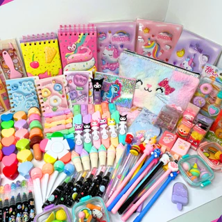 Kit Papelaria Fofa Kawaii caixa com 15 Itens Presente Criativo Marca texto canetas fofas estojo caderno adesivos post it
