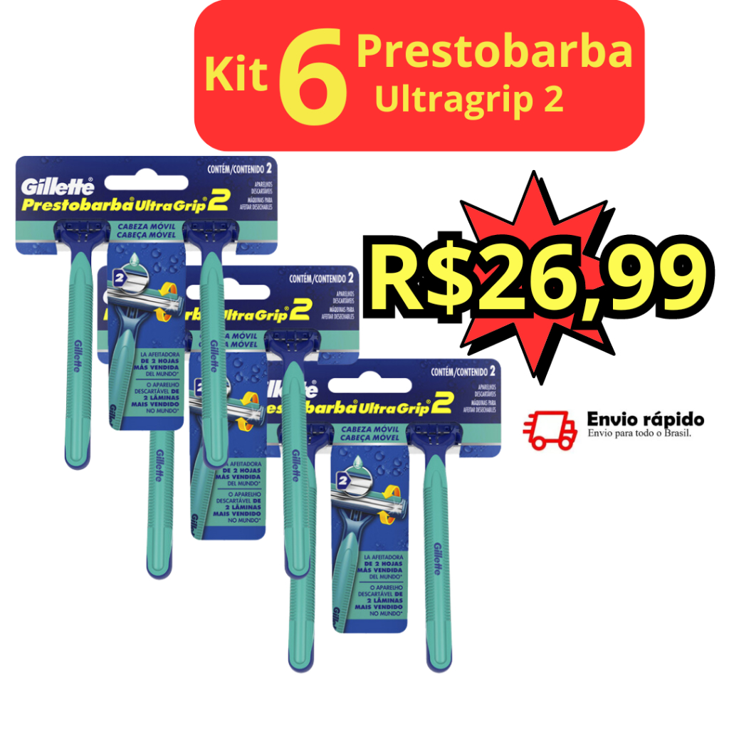 Kit com 6 Barbeador Gillette Prestobarba UltraGrip2 Cabeça Móvel ...