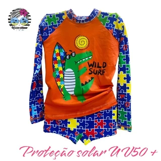 Camisa Infantil Autismo e Sunga Boxer com Proteção Solar UV50+ Juvenil Forrada Ajuste na cintura