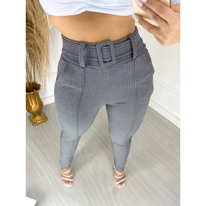 calça leggings tipo social com cinto crepe cintura alta