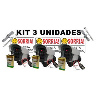 Kit 3 Camera falsa com led + pilhas e placa sorria