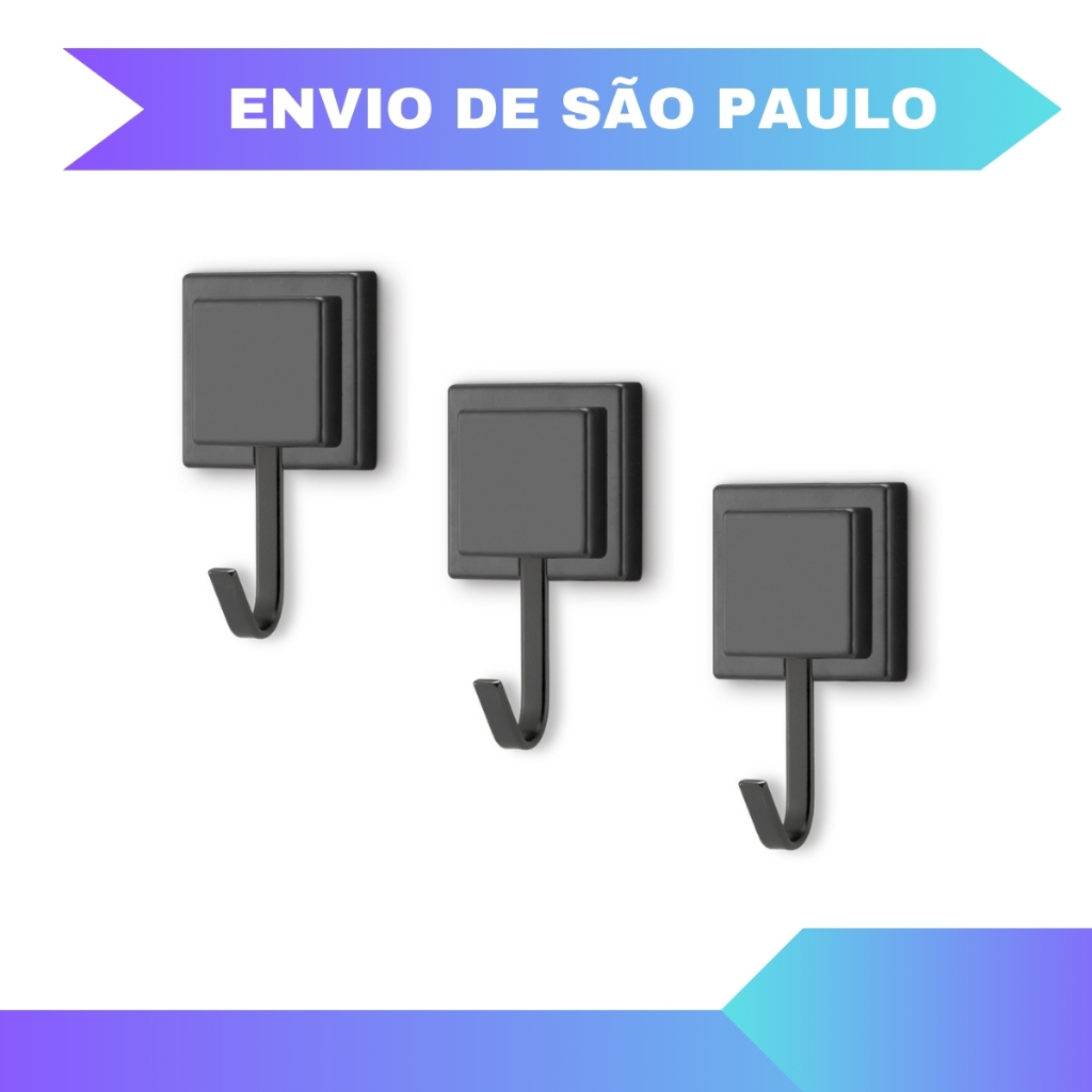 Kit 3 Gancho Cabide Suporte Porta Toalha de Rosto de Parede Banheiro 3M Sem Furo Preto Black Arthi