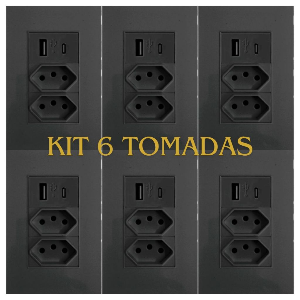 Kit 6 Tomadas de Parede Dupla Com Entrada Usb E Tipo C PRETA 5V Bivolt 3 pinos finos - 4 em 1 Multi Carregamento