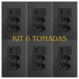Kit 6 Tomadas de Parede Dupla Com Entrada Usb E Tipo C PRETA 5V Bivolt 3 pinos finos - 4 em 1 Multi Carregamento