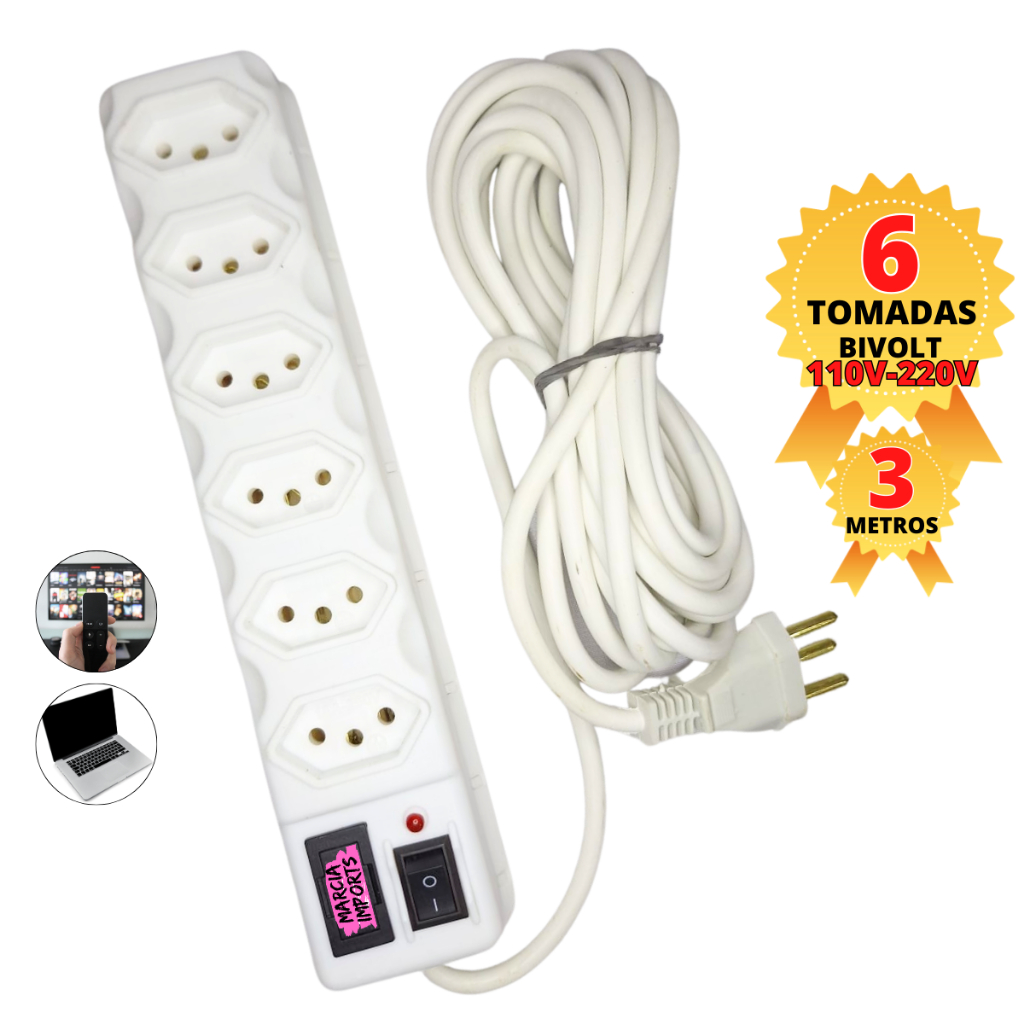Regua Eletrica Bivolt Tripolar Filtro De Linha 220v 110v com 3 Metros de Cabo