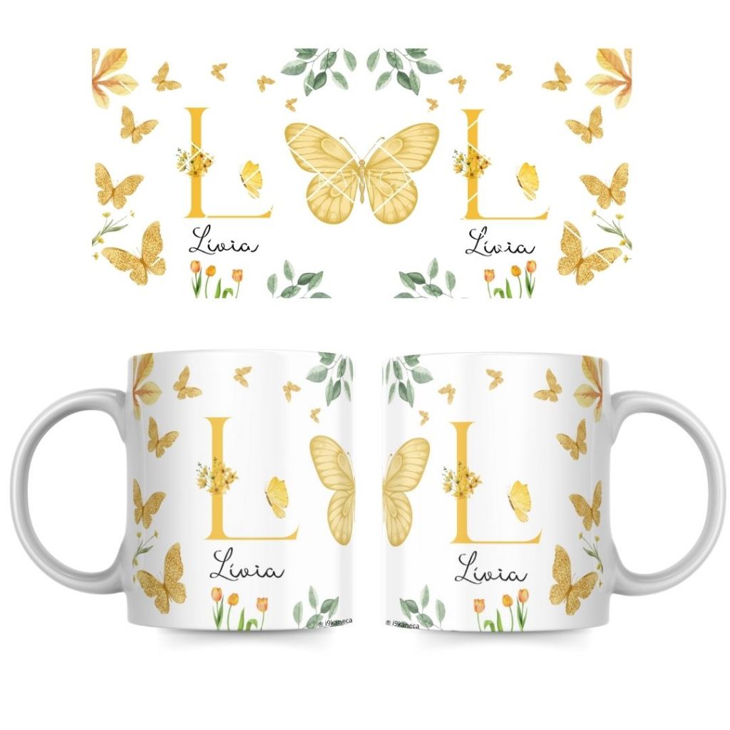Caneca Personalizada Letra do Alfabeto Borboletas com Seu Nome ...