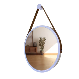 Espelho Redondo Decorativo Suspenso com Alça 60cm + Suporte Branco com Alça Caramelo