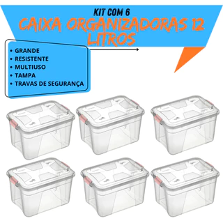 Kit Com 6 Organizadoras Transparente 12 Litros Cesto Cristal Brinquedos Roupas Ferramentas Casa Doméstico Multiuso Documentos Alimentos Resistente Com Travas Atacado Revenda