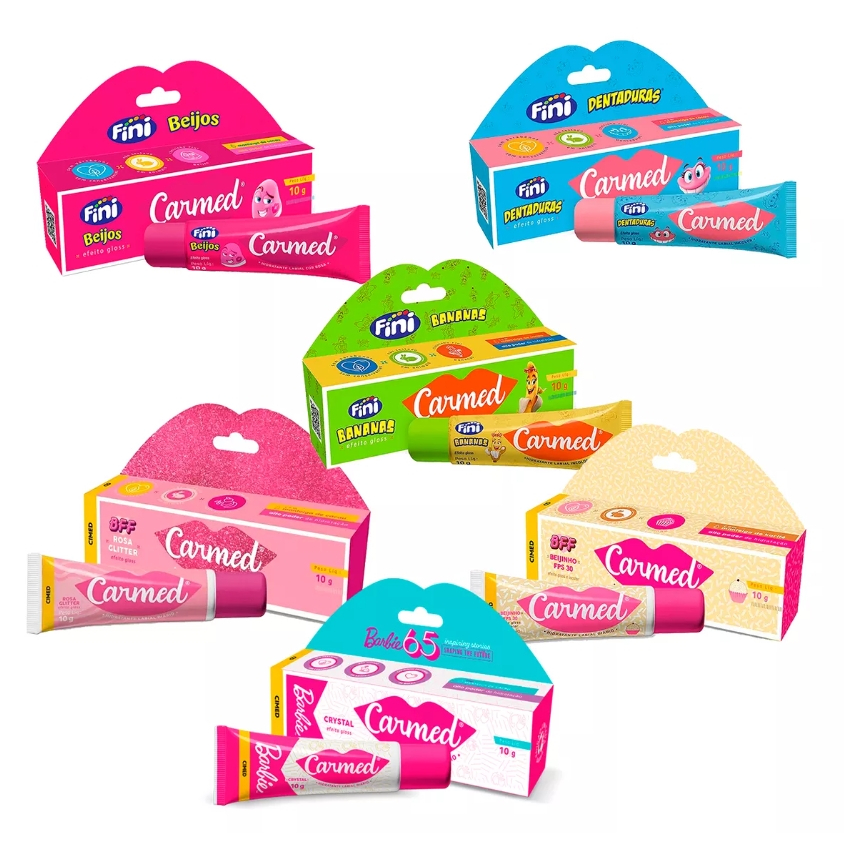 Hidratante Labial Carmed Dentadura Beijo Banana Beijinho Rosa Glitter Maça do amor Melancia