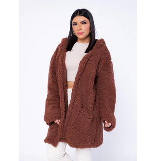 Casaco Teddy Pelúcia Capuz Forrado Bolsos Moda Interno Sobretudo Inverno Frio