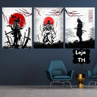 Quadros Decorativos 3 Peças 60x40 Arte Japonesa Samurai | Quadro de Decoração Para Quarto, Sala, Escritório