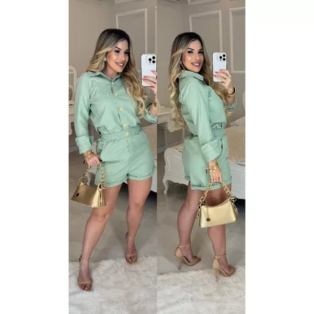 Conjunto linho feminino - Camisa manga longa com botões e short casual