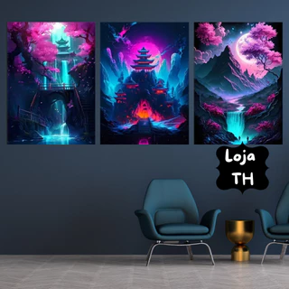 Quadros Decorativos 3 Peças 60x40 Pintura Casas Orientais na Montanha | Quadro de Decoração Para Quarto, Sala, Escritório