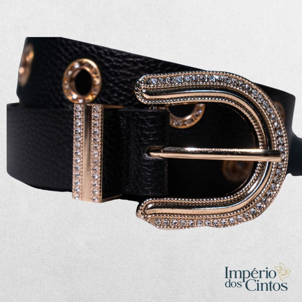 Cinto Feminino Preto Básico Com Ilhós Dourados E Brilho