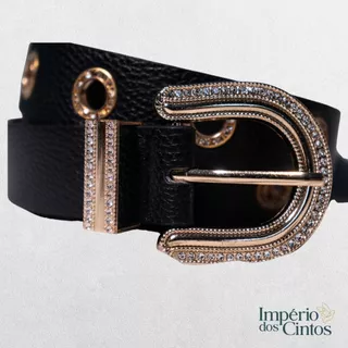 Cinto Feminino Preto Básico Com Ilhós Dourados E Brilho