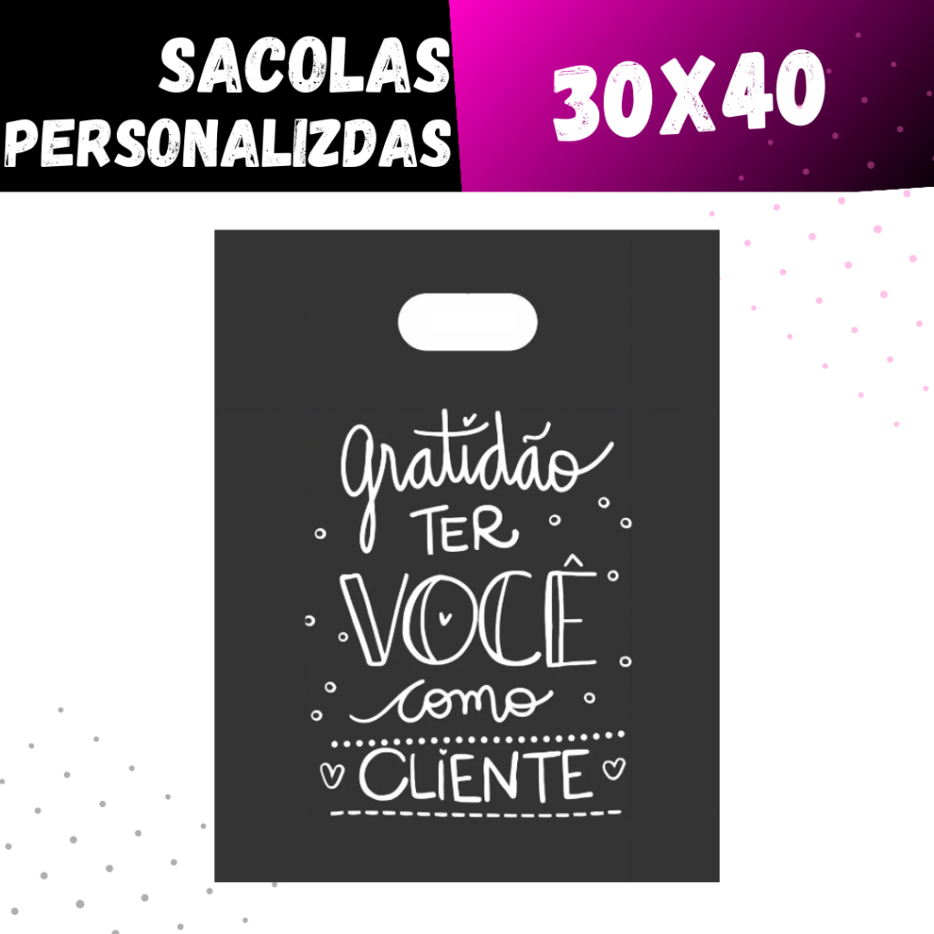 50 sacolas Plástica 20x30 / 30x40 Boca de Palhaço Alça Vasada - com frases