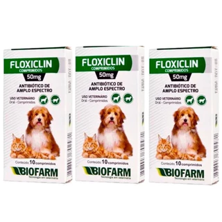 Kit C/3 Cartelas Antibiótico Floxiclin 50mg Cães Gatos 10 Comprimidos Biofarm Infecções, Diarreias, Gastrites, Otites