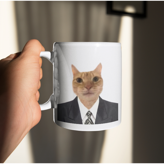 Caneca Cat Engraçada Gato de Terno Meme Personalizada