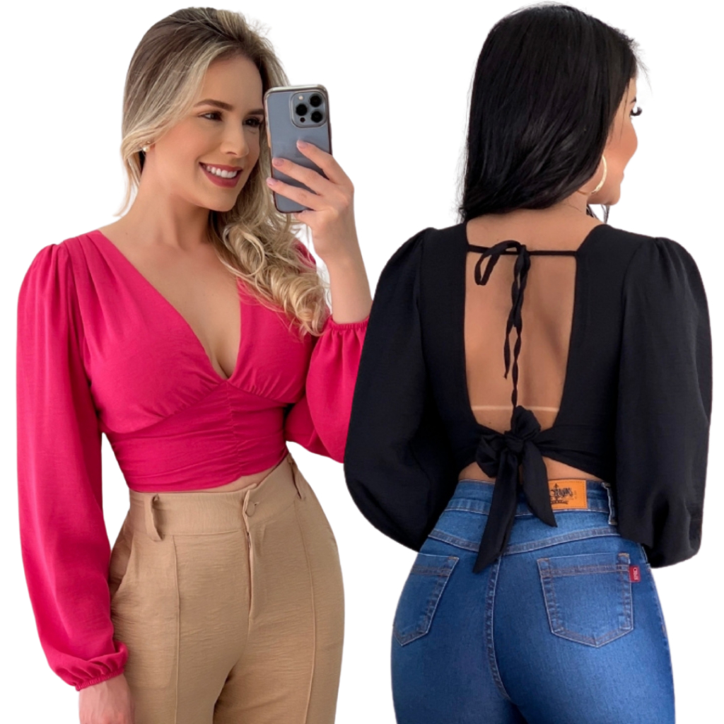 Blusa Cropped Feminina Manga Longa Blusinha Balada Costa Aberta ...