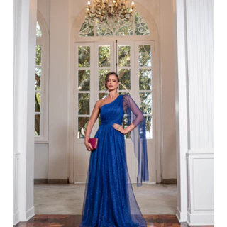 Vestido festa Kamily longo madrinha debutante casamento Tule com Brilho