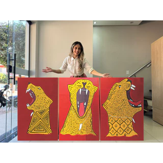 QUADRO DECORATIVO ARTE INDIGINA ONÇA PINTADA 3 TELAS