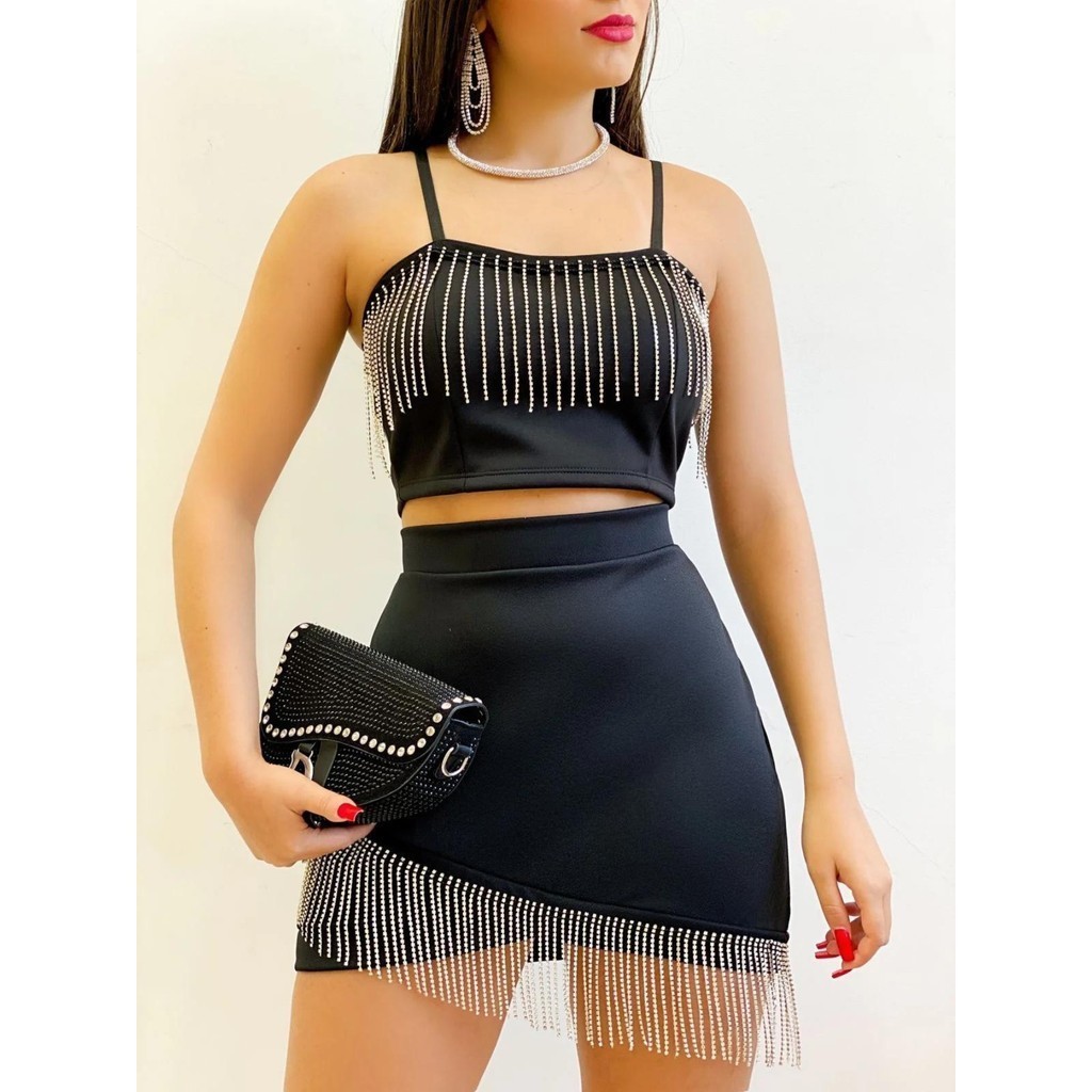 Conjunto Feminino Cropped de Franja strass brilho e saia curta rodeio ...