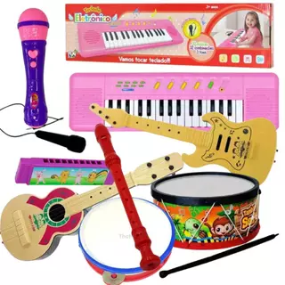 Kit 8 Instumentos Infatil Microfone Teclado Rosa Viola Brinquedo Pandeiro Tambor Menina