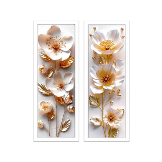 Kit 2 Quadros Flores Douradas, moldura e vidro, luxo 18x45 cm