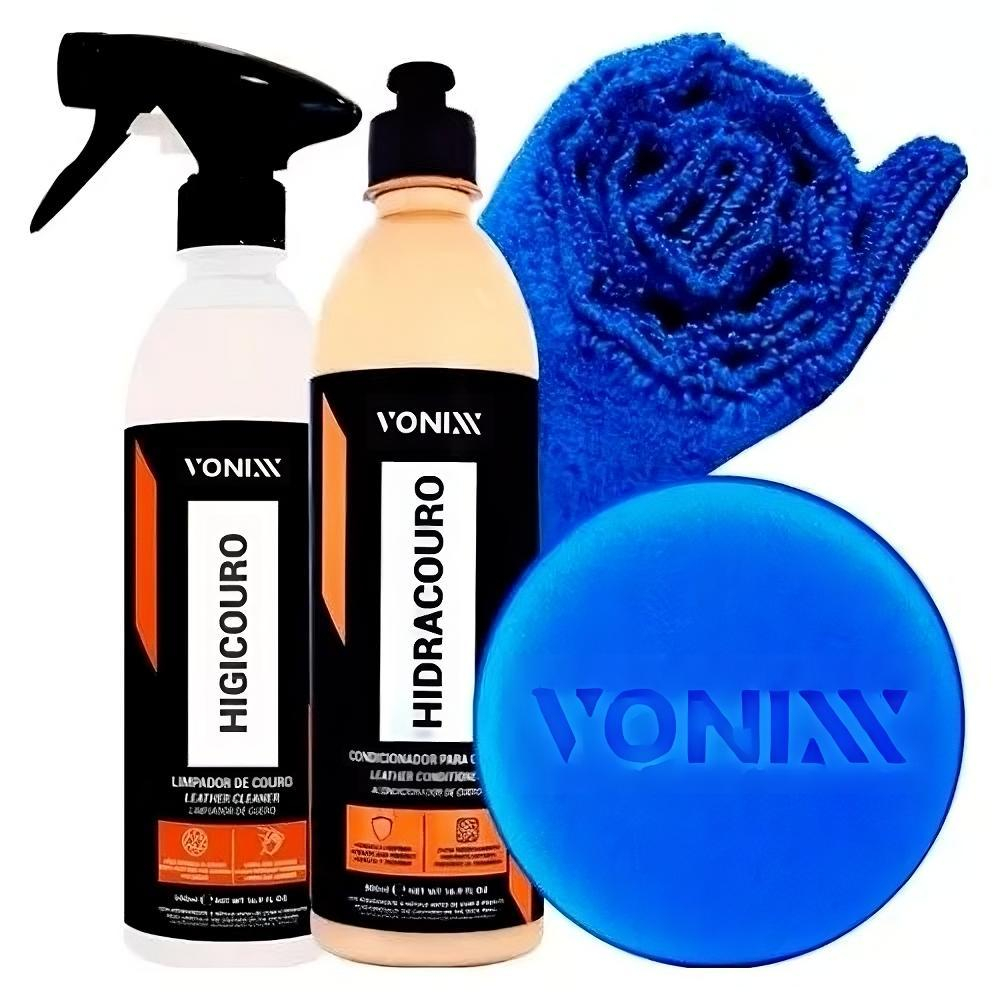 Kit Limpar Hidratar Couro Vonixx Higicouro + Hidracouro + Toalha Microfibra + Aplicador