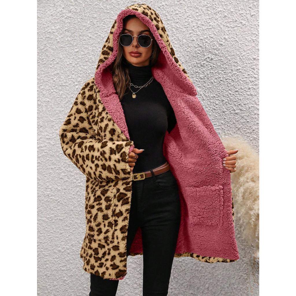 Casaco estampa onça dupla face sobretudo longo teddy reversivel