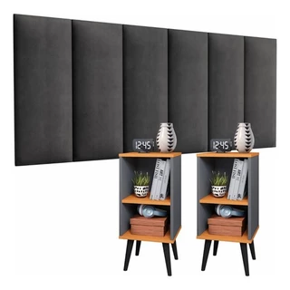 Conjunto 2 Mesa De Cabeceira E Cabeceira Estofada Cama Casal Charme Elegante Cinza Cinamomo