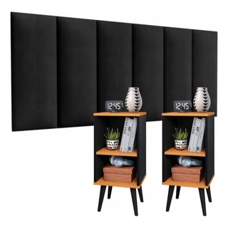 Conjunto 2 Mesa De Cabeceira E Cabeceira Estofada Cama Casal Cantinho de Cama Mesa de apoio Cama Preto cinamomo