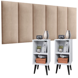 Conjunto 2 Mesa De Cabeceira E Cabeceira Estofada Cama Casal Canto de cama mesa de apoio Retro