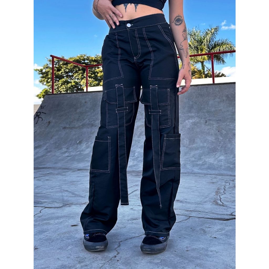 Calça cargo Preta Contrast - 6 bolsos | Shopee Brasil