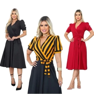 Vestido Princesa Manga curta ou LONGA Bufante Gode Rodado transpassado varias cores
