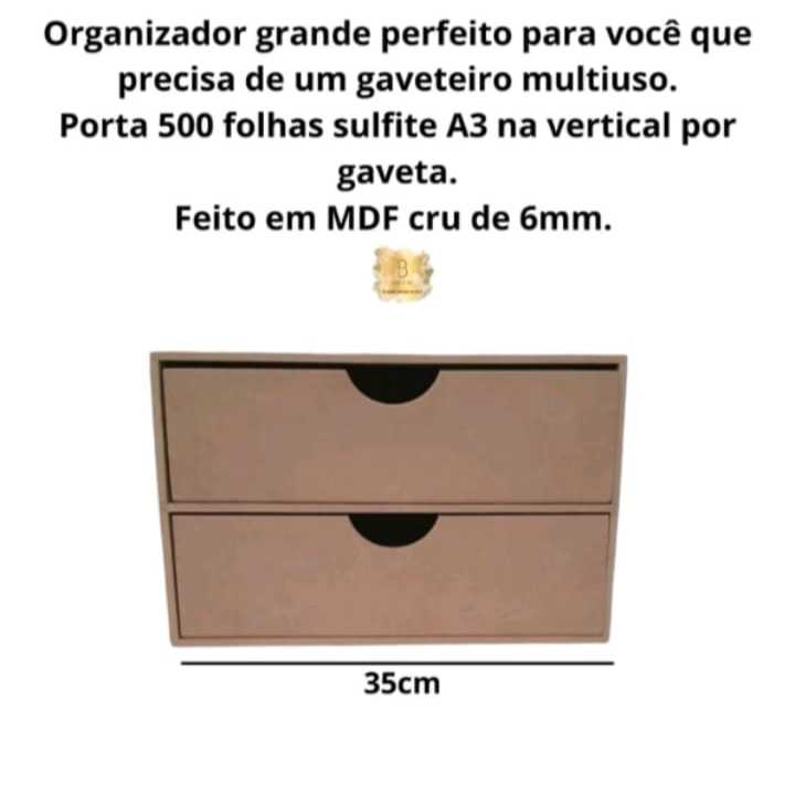 GAVETEIRO GRANDE PARA FOLHAS A3 VERTICAL 2 GAVETAS MDF CRÚ 6MM PARA CASA ESCRITÓRIO ORGANIZADOR DE PAPEL E ACESSÓRIOS