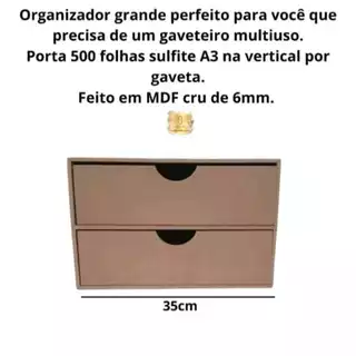 GAVETEIRO GRANDE PARA FOLHAS A3 VERTICAL 2 GAVETAS MDF CRÚ 6MM PARA CASA ESCRITÓRIO ORGANIZADOR DE PAPEL E ACESSÓRIOS